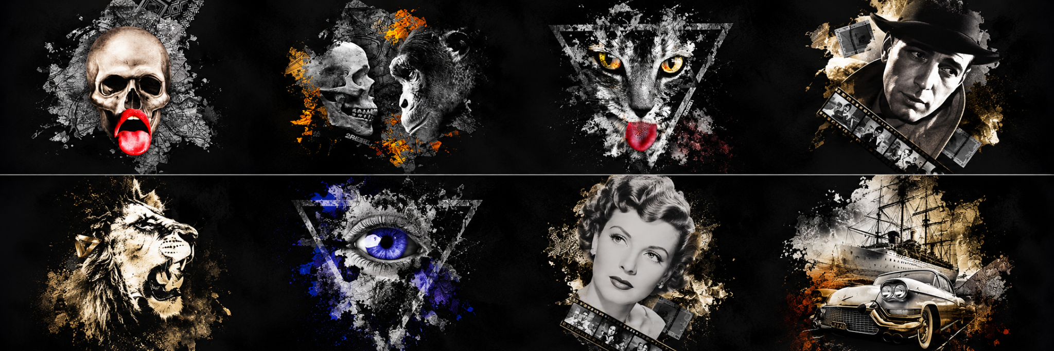 Eight black-background 2Rebel illustration concepts